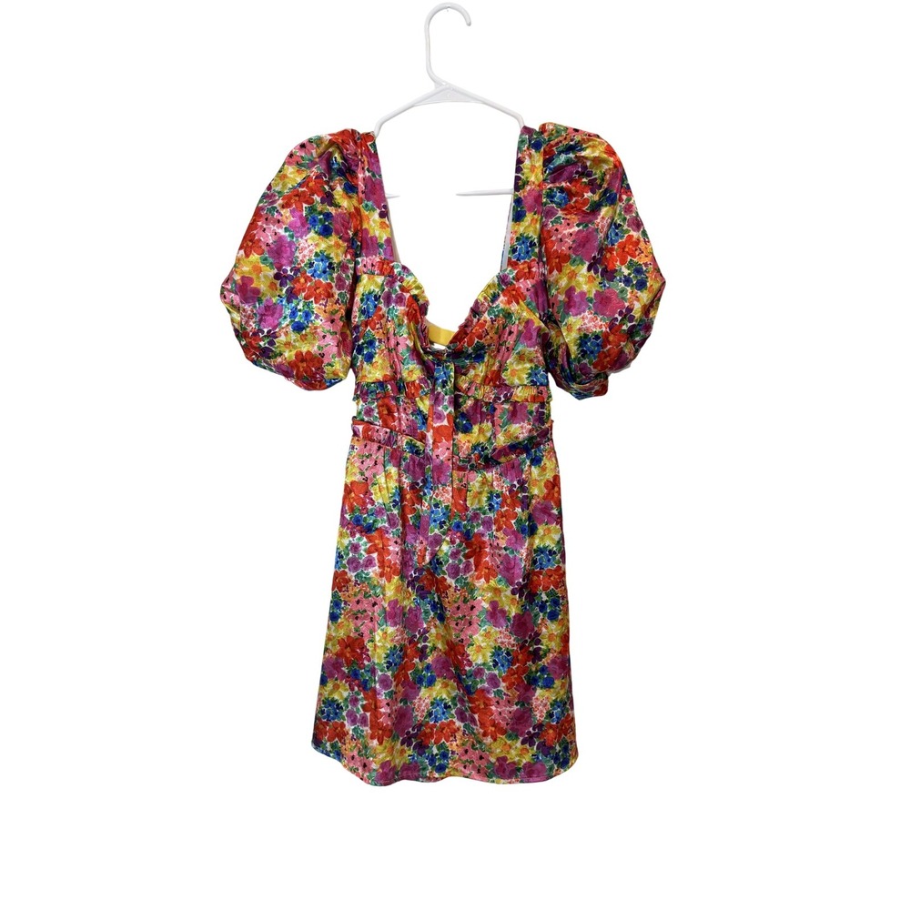For Love & Lemons Dress Womens Small Floral Puff Sleeve Mini Satin Lace Up‎ Back